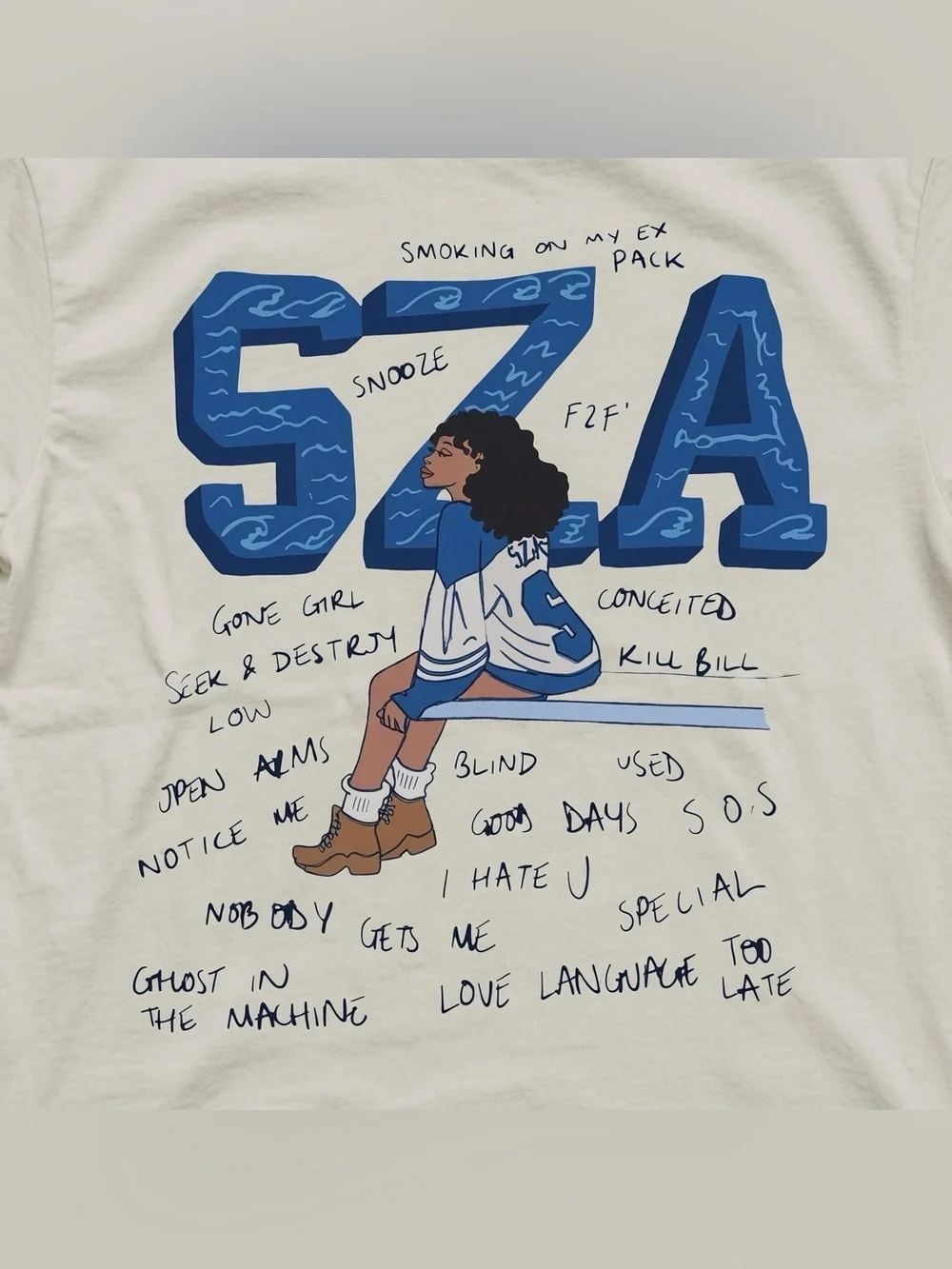 SZA Graphic Tee in Cream with Blue - White Tee